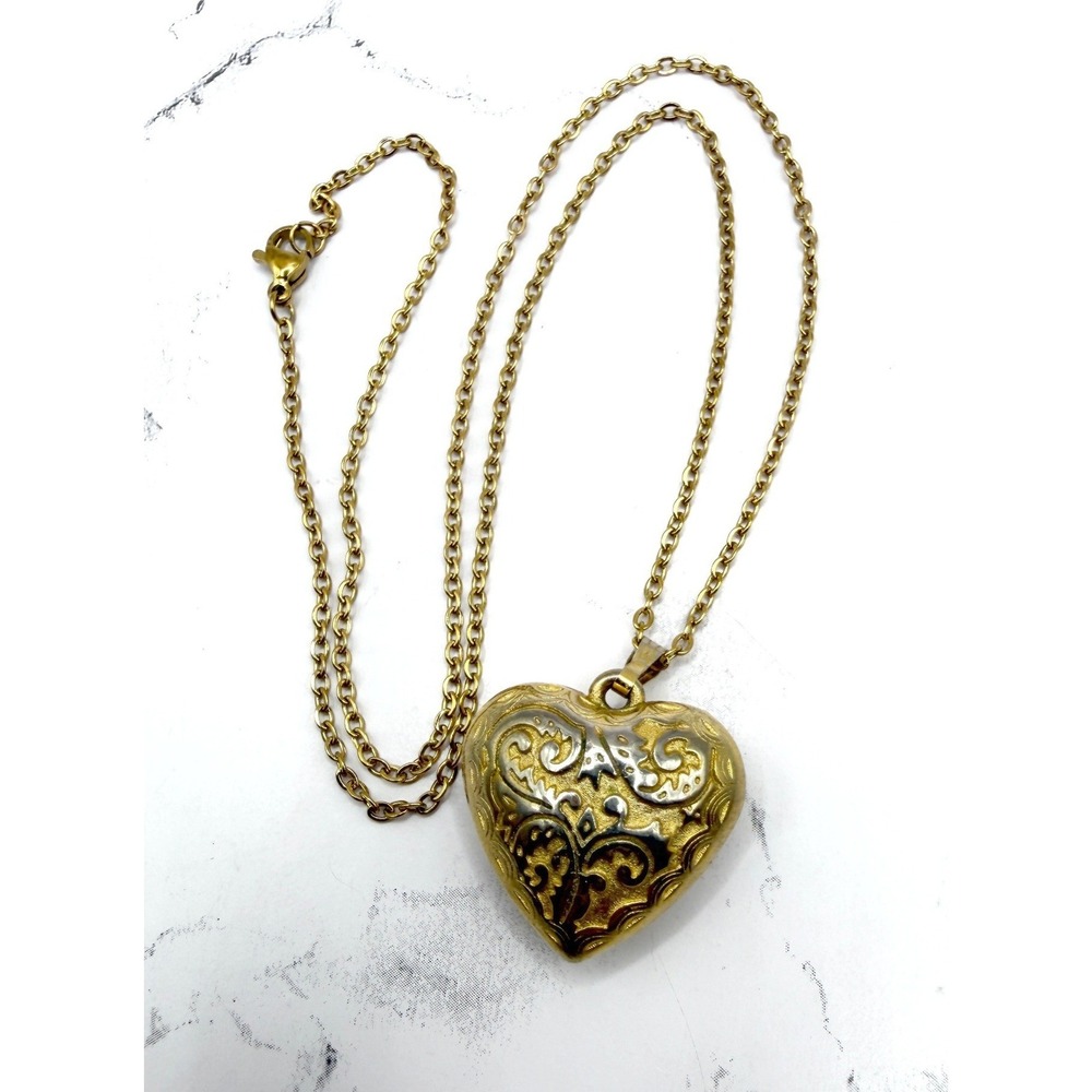 Vintage Style Puffy Heart Necklace Gold Tone Engraved Heart Pendant